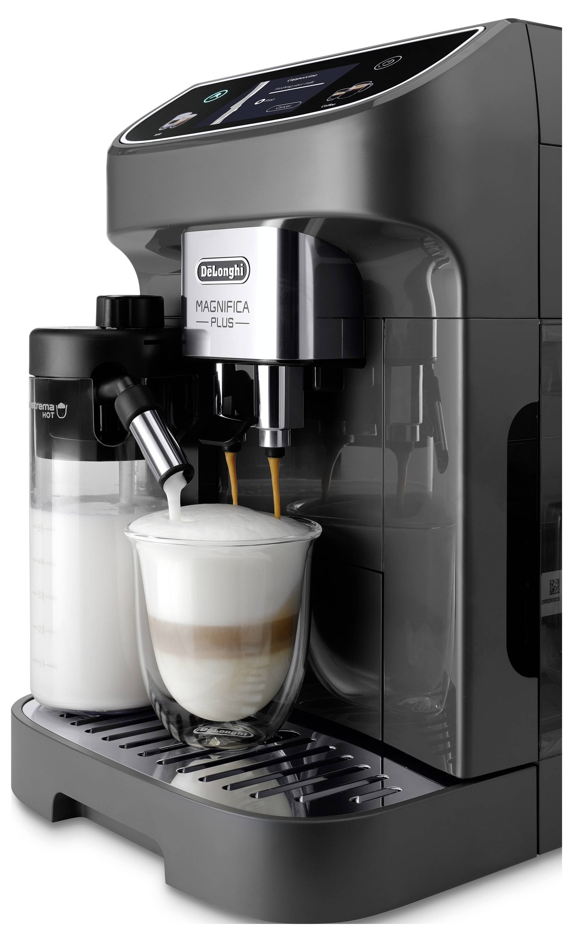 A modern espresso machine with a digital display, making a cappuccino. Milk frother on the side with a glass cup catching coffee.