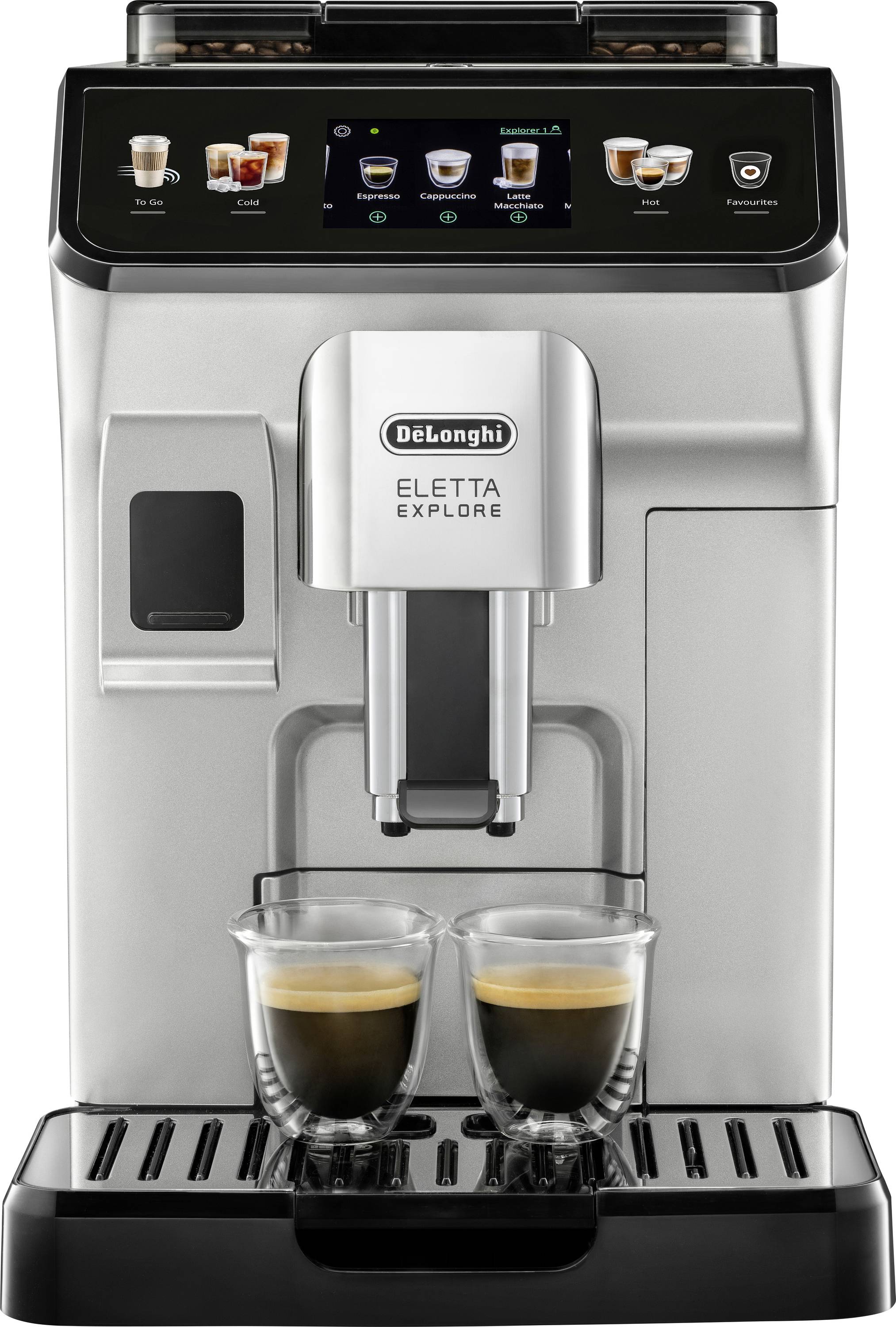 A silver DeLonghi Eletta Explore coffee machine with a digital display showing beverage options, dispensing two espressos into clear cups.