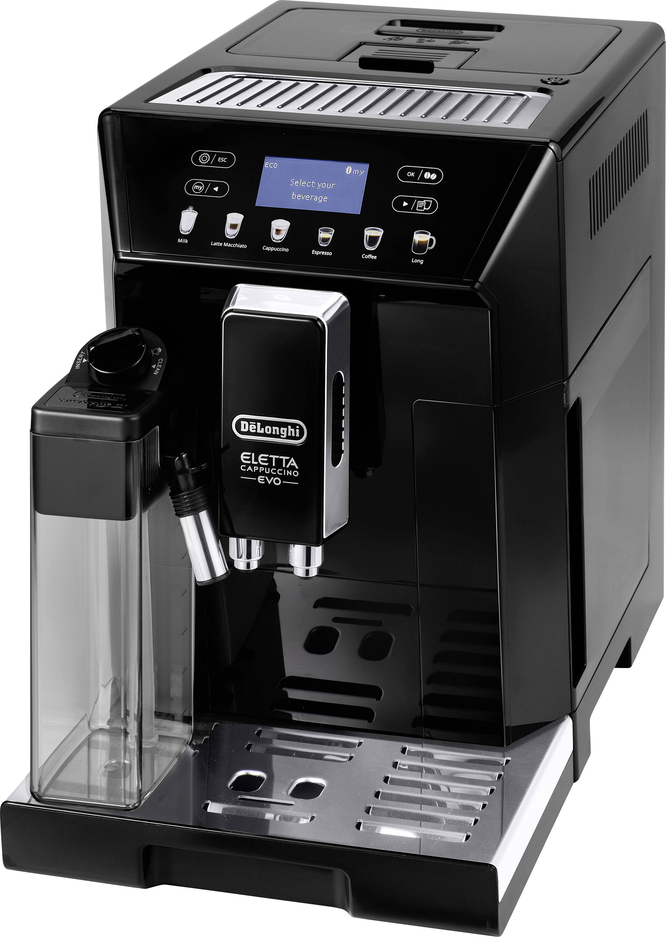 Espresso machine with milk frother attachment, control panel, and drip tray. Branded 'DeLonghi Eletta Evo'.