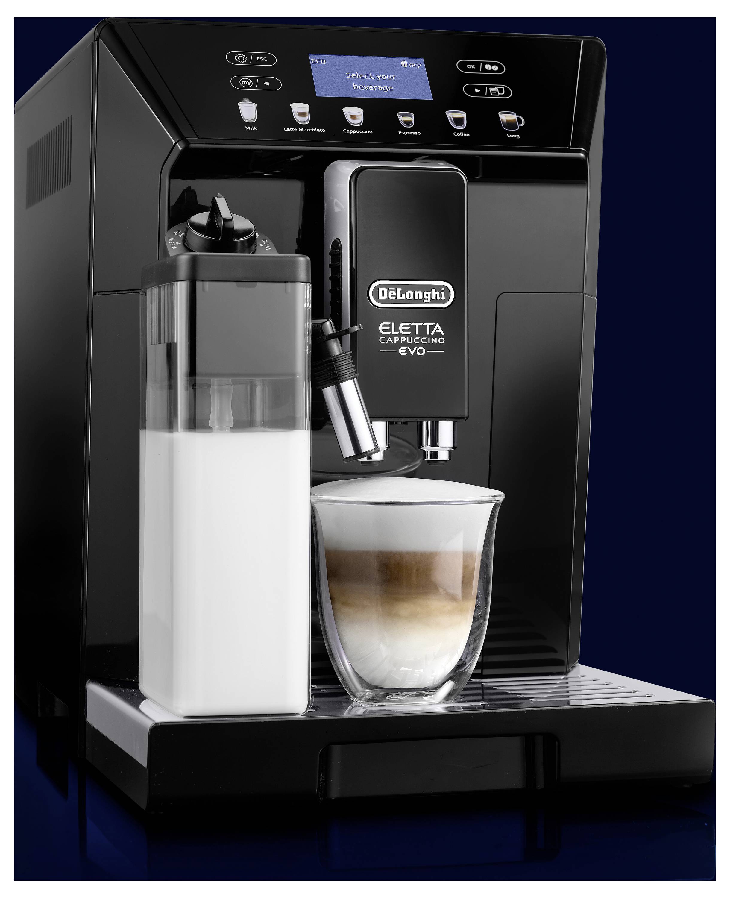 A black espresso machine with a digital display and milk frother prepares a cappuccino, shown with a layer of foam in a clear glass.