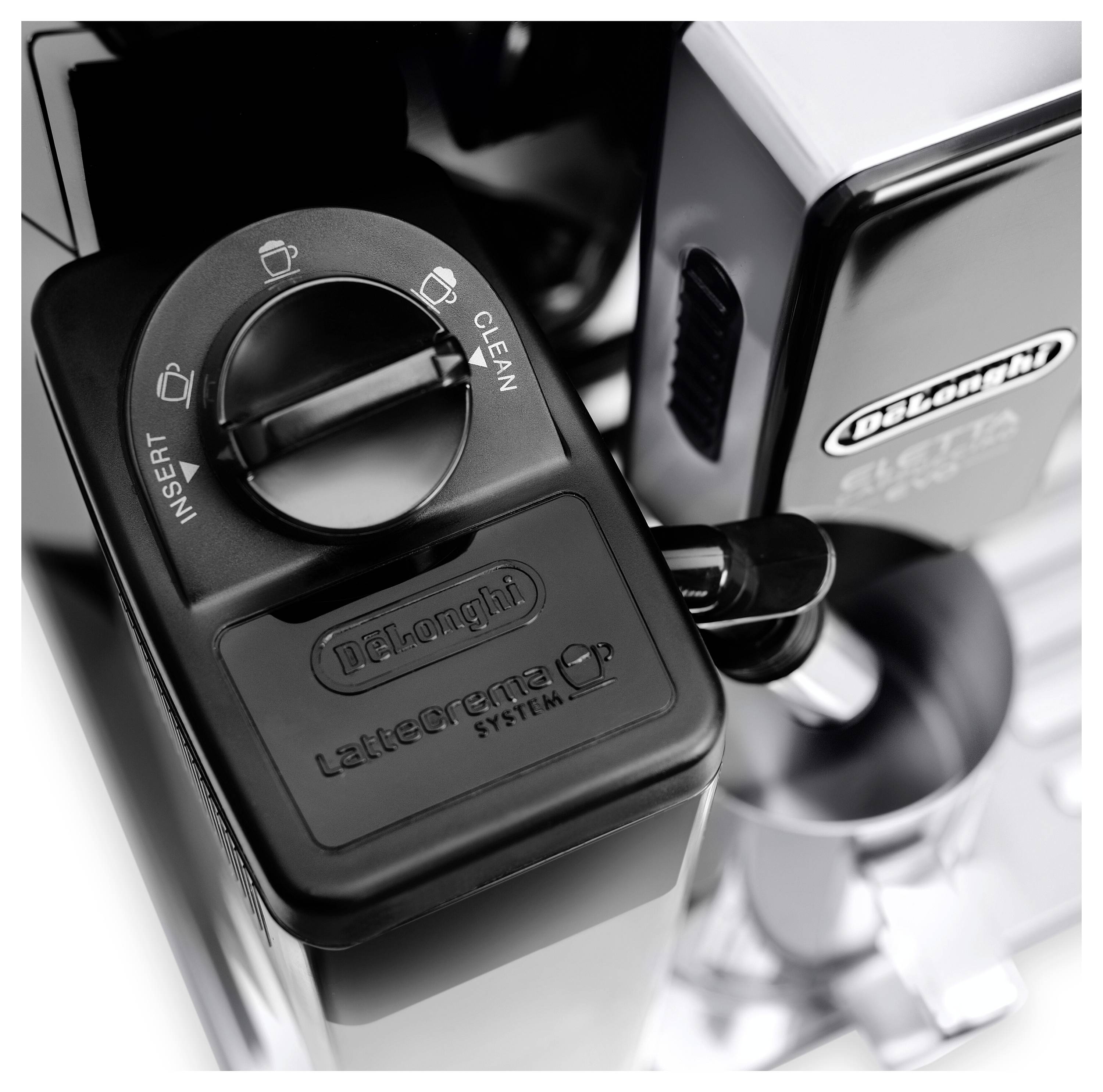 Top view of a DeLonghi coffee machine showing the milk frother dial with positions for 'Insert' and 'Clean'.