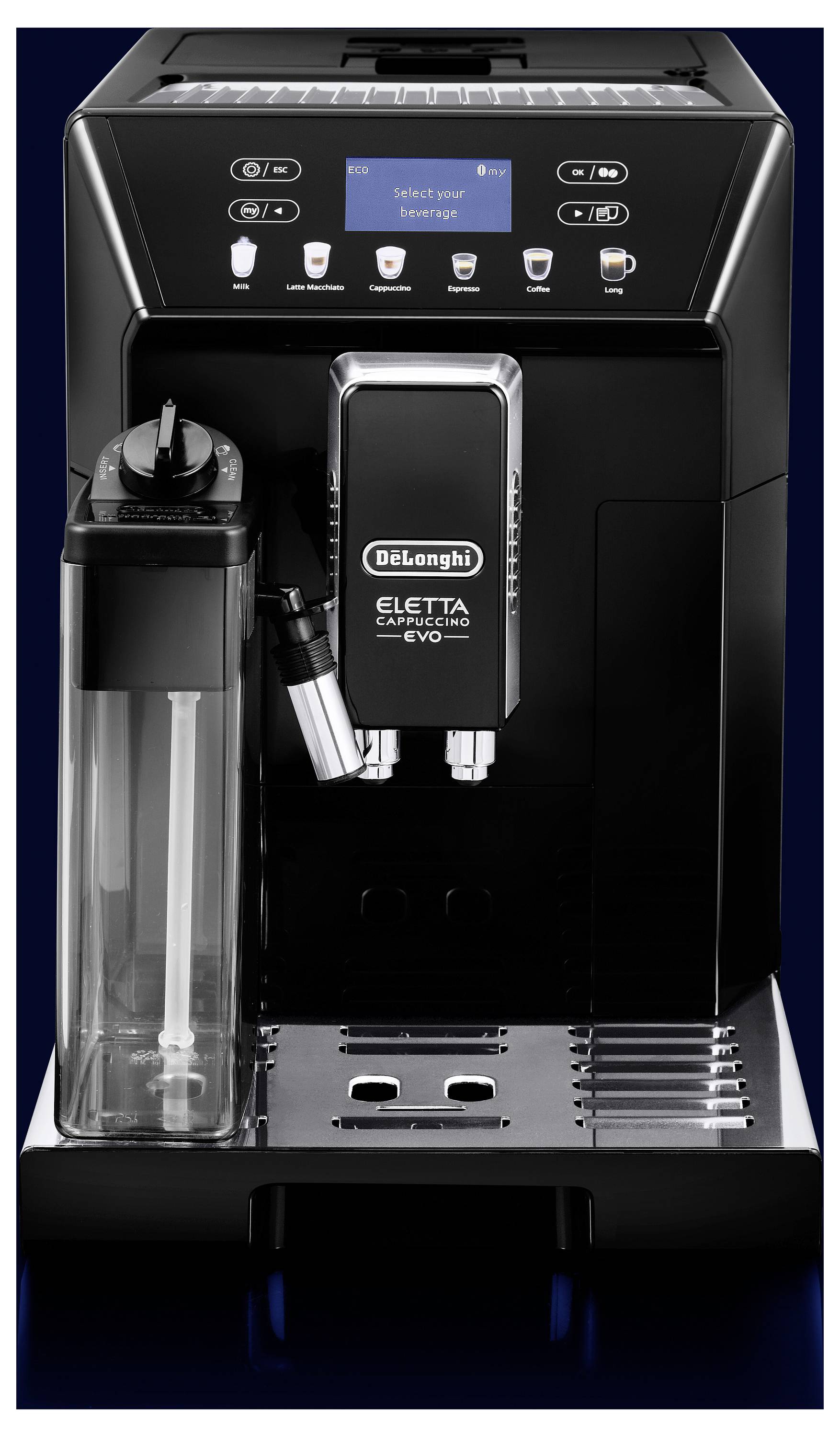 A black and silver espresso machine with multiple buttons on top, a digital display showing 'Select your beverage', and a milk frother on the side.