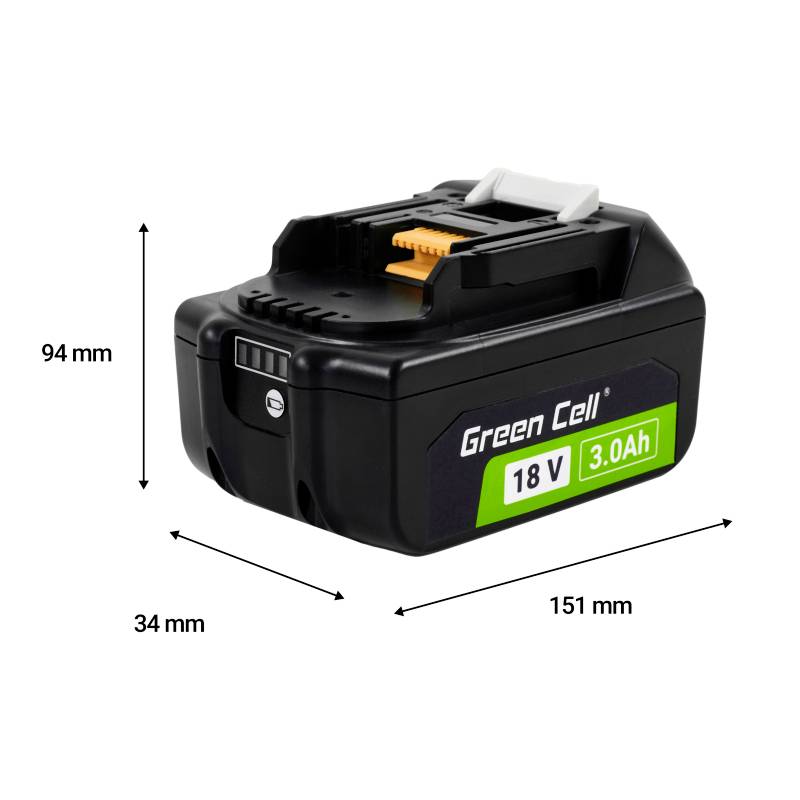 'Green Cell' 18V 3.0Ah battery with dimensions: 94mm height, 151mm width, 34mm depth.