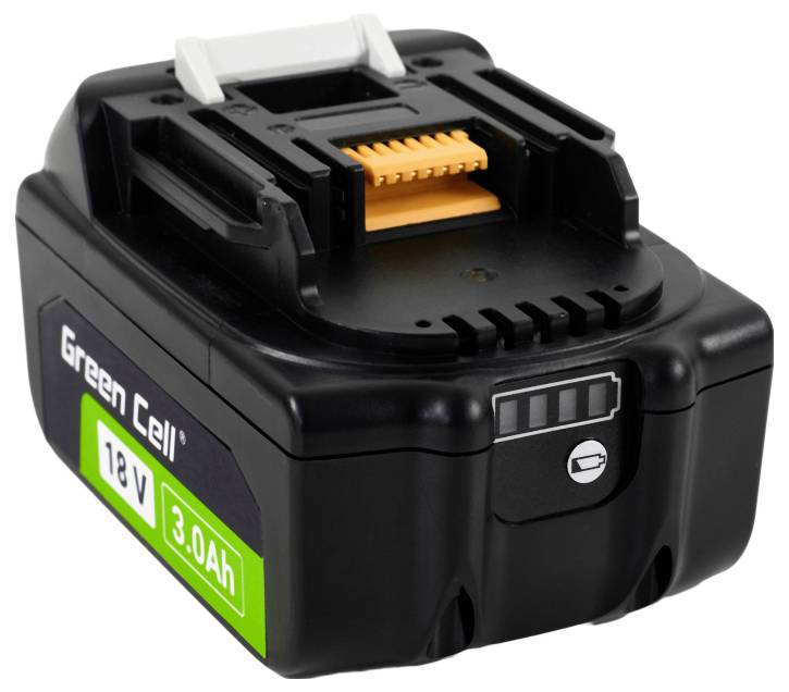 Rechargeable battery pack labeled 'Green Cell 18V 3.0Ah' with charge indicator, black with green and white accents.