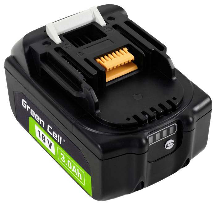 A black 18V 3.0Ah Green Cell battery with a white clip and orange connection points, used for power tools.