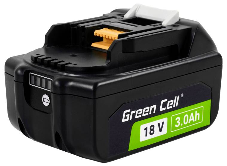 Rechargeable Green Cell 18V 3.0Ah battery pack with visible connector slots, used for powering tools or devices.