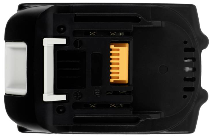 Close-up of a black power tool battery with visible orange connector pins, viewed from the connector side.