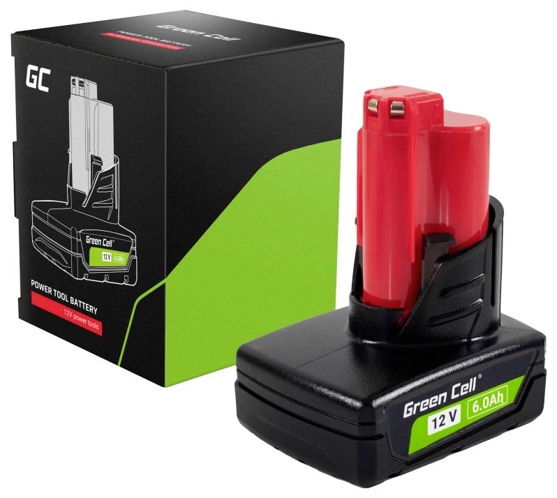 Red and black 12V, 6.0Ah Green Cell power tool battery next to its matching black and green packaging box.