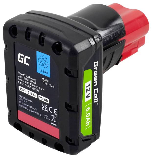 'Li-ion 12V 6.0Ah power tool battery by Green Cell. Black casing with red and green accents. Model: PTML12V6.'