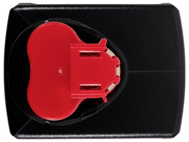 A black and red battery pack with a rectangular shape and red connectors on top, designed for use with electronic devices.