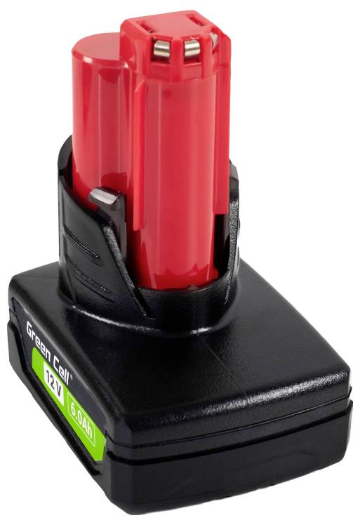 A red and black rechargeable battery labeled 'Green Cell' with '12V' and '6.0Ah' on a green sticker, shown on a white background.