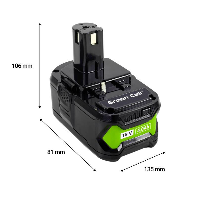 A black and green battery labeled 'Green Cell' with dimensions: 106mm height, 81mm width, 135mm length, and 18V 4.0Ah capacity.
