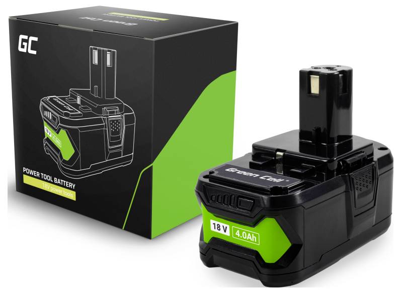 A black and green 18V, 4.0Ah power tool battery and its box. The design highlights the brand and specifications on both items.