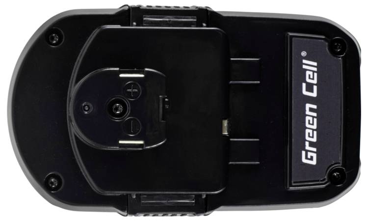 Rechargeable battery pack labeled 'Green Cell', black in color, viewed from the top showing connection points and brand label.