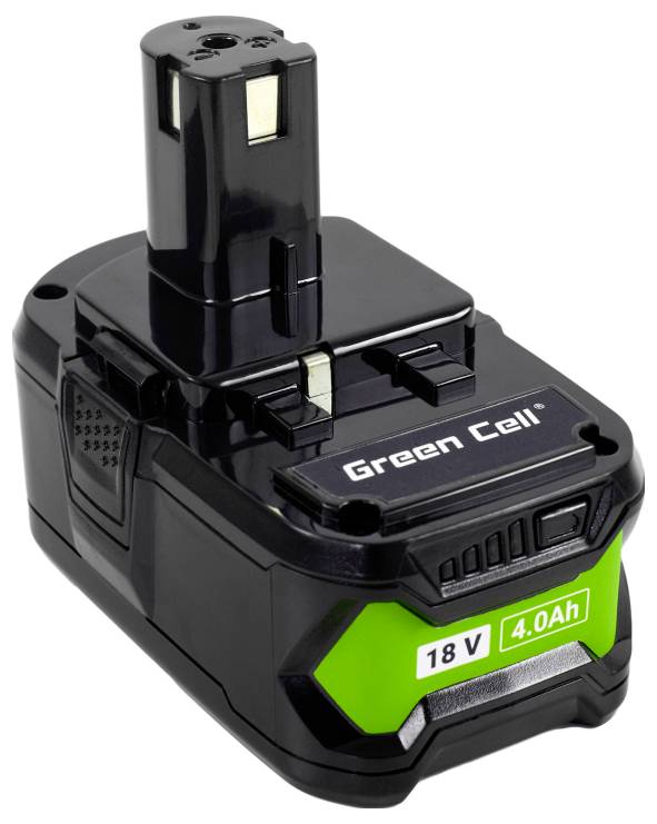 A black and green lithium-ion battery with label 'Green Cell 18V 4.0Ah'. It features a compact design, suitable for power tools.