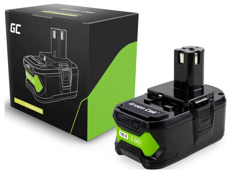 Black and green 18V battery with charger, labeled 'Green Cell', next to its box. Suitable for power tools.