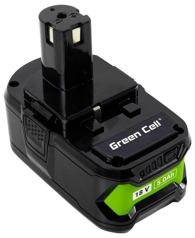 Black and green rechargeable battery labeled 'Green Cell', showing specifications: 18V, 5.0Ah.