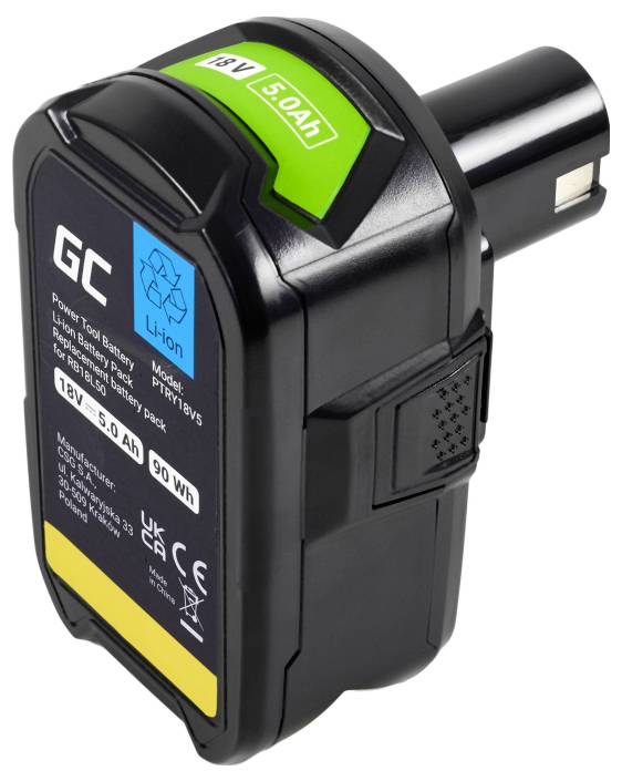 18V 5.0Ah lithium-ion battery for power tools, with recycle symbol and compliance logos, designed for long-lasting performance.