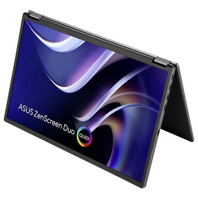 A laptop in a tent mode displaying the 'ASUS ZenScreen Duo OLED' logo on the screen, showcasing its flexible and dual display feature.