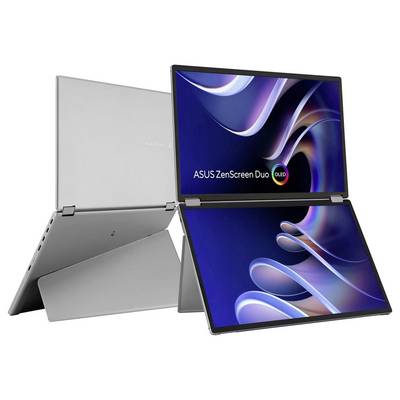 A dual-screen laptop displayed with both screens open. Top screen shows 'ASUS ZenScreen Duo OLED' with abstract wave graphics.