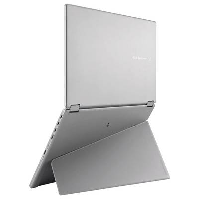 Silver ASUS ZenBook laptop shown in a side profile with a thin, sleek design, partially opened, highlighting its portability.