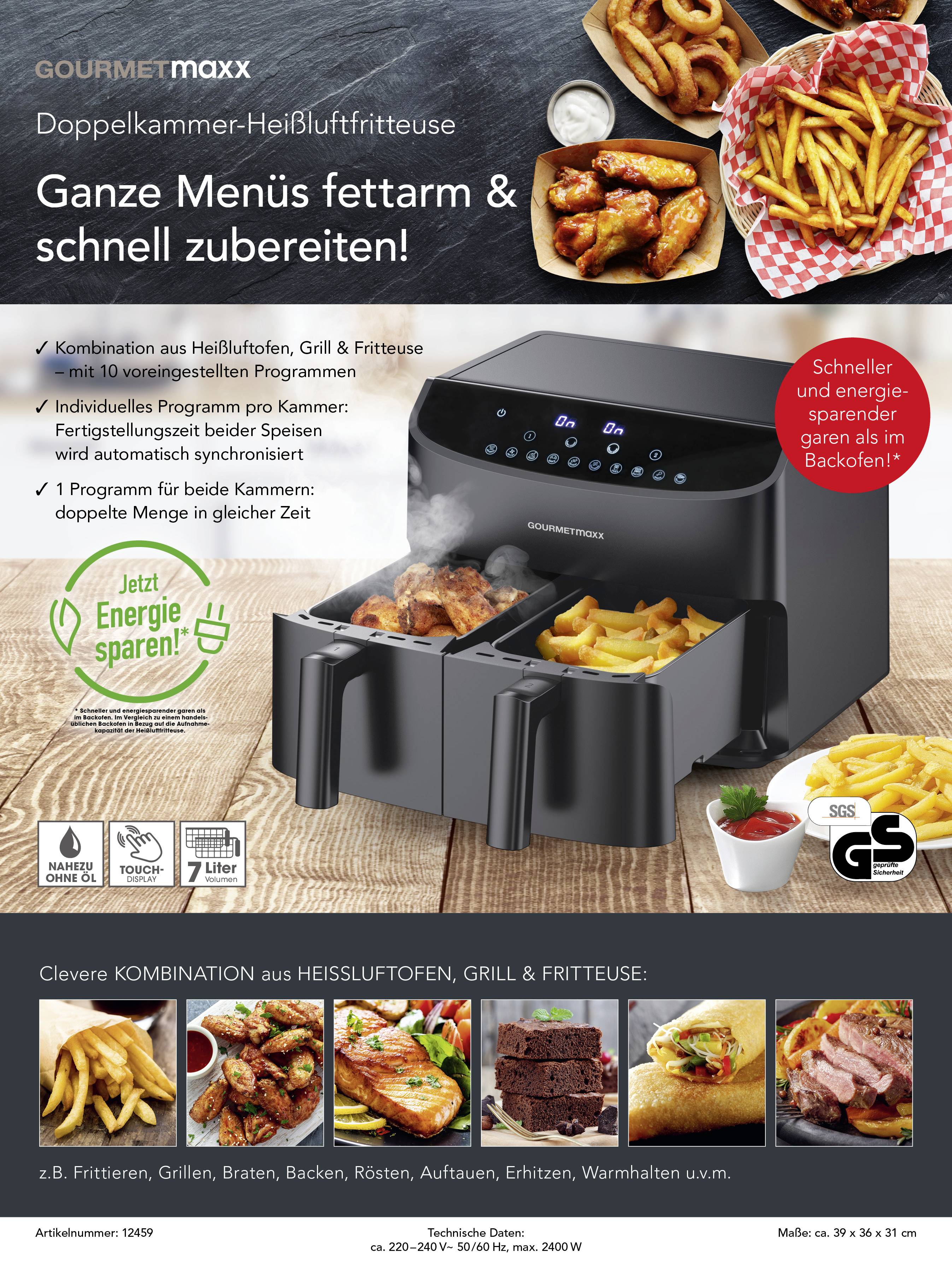 Gourmetmaxx dual-chamber air fryer with fries shown. Promises quick, low-fat meal preparation. Highlights energy-saving and versatile cooking modes.