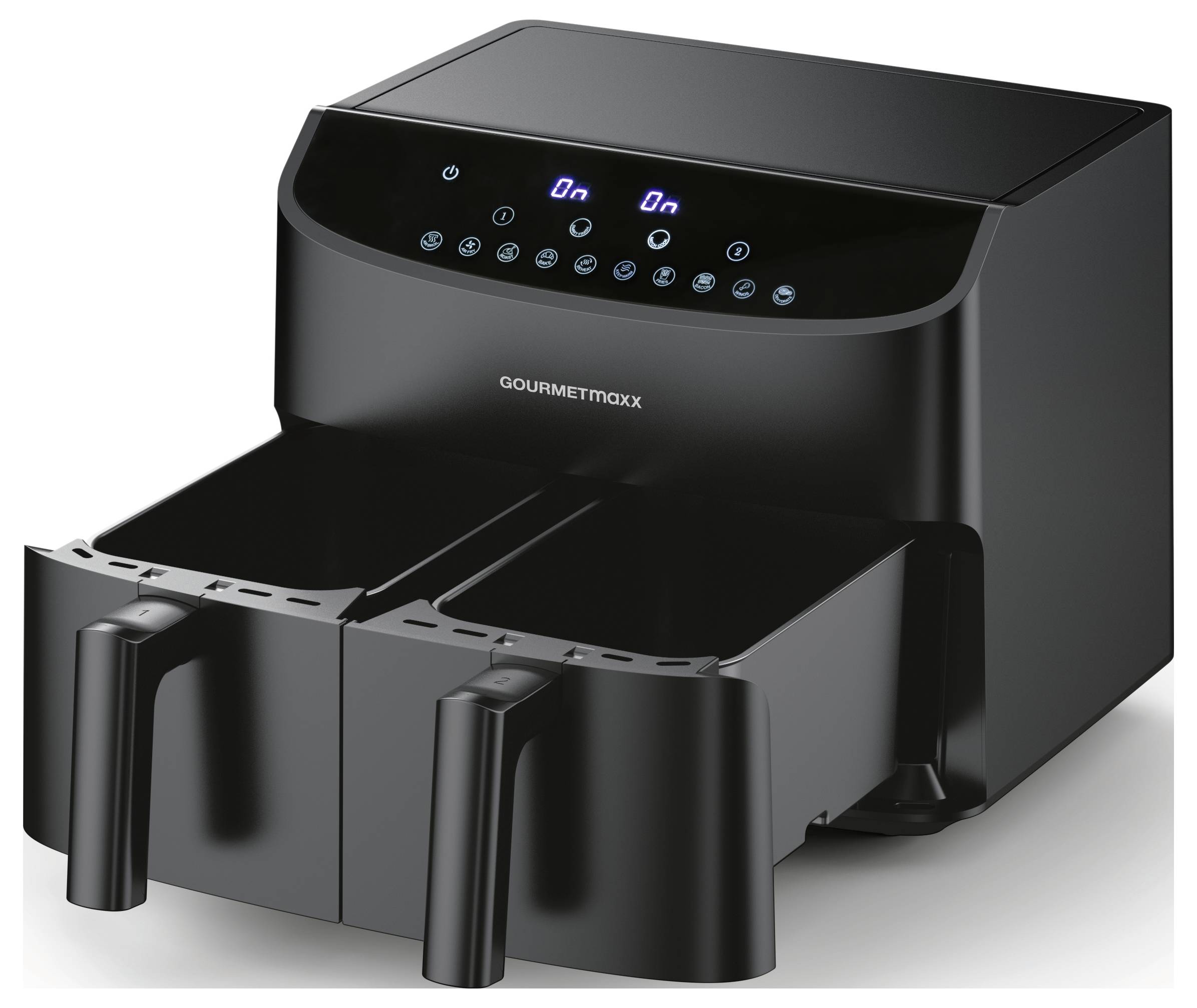 A black dual-basket air fryer with digital controls and blue LED display, featuring two handles for separate cooking compartments.