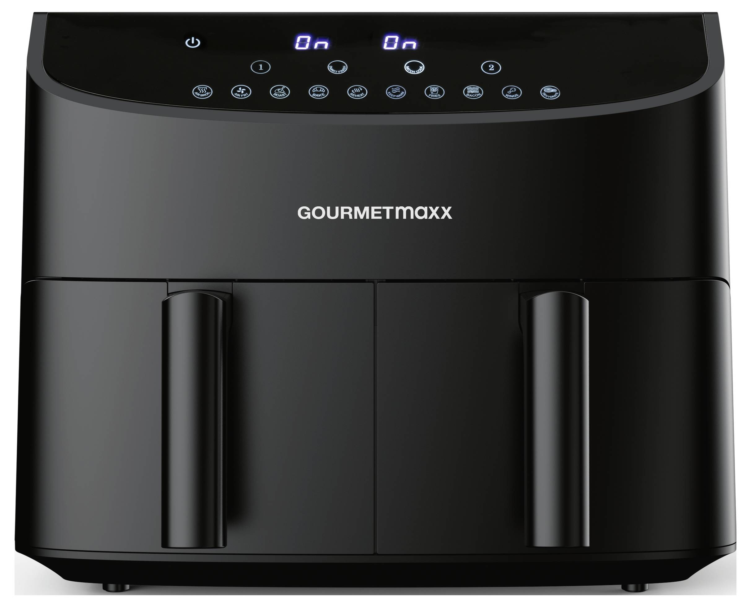 A black dual air fryer with touch control panel, displaying digital settings. The brand name 'Gourmetmaxx' is visible on the front.