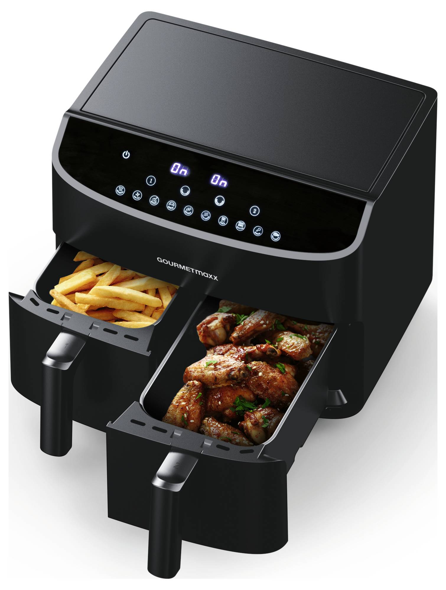 Dual-basket air fryer with fries in one basket and wings in the other, displaying digital controls at the top.