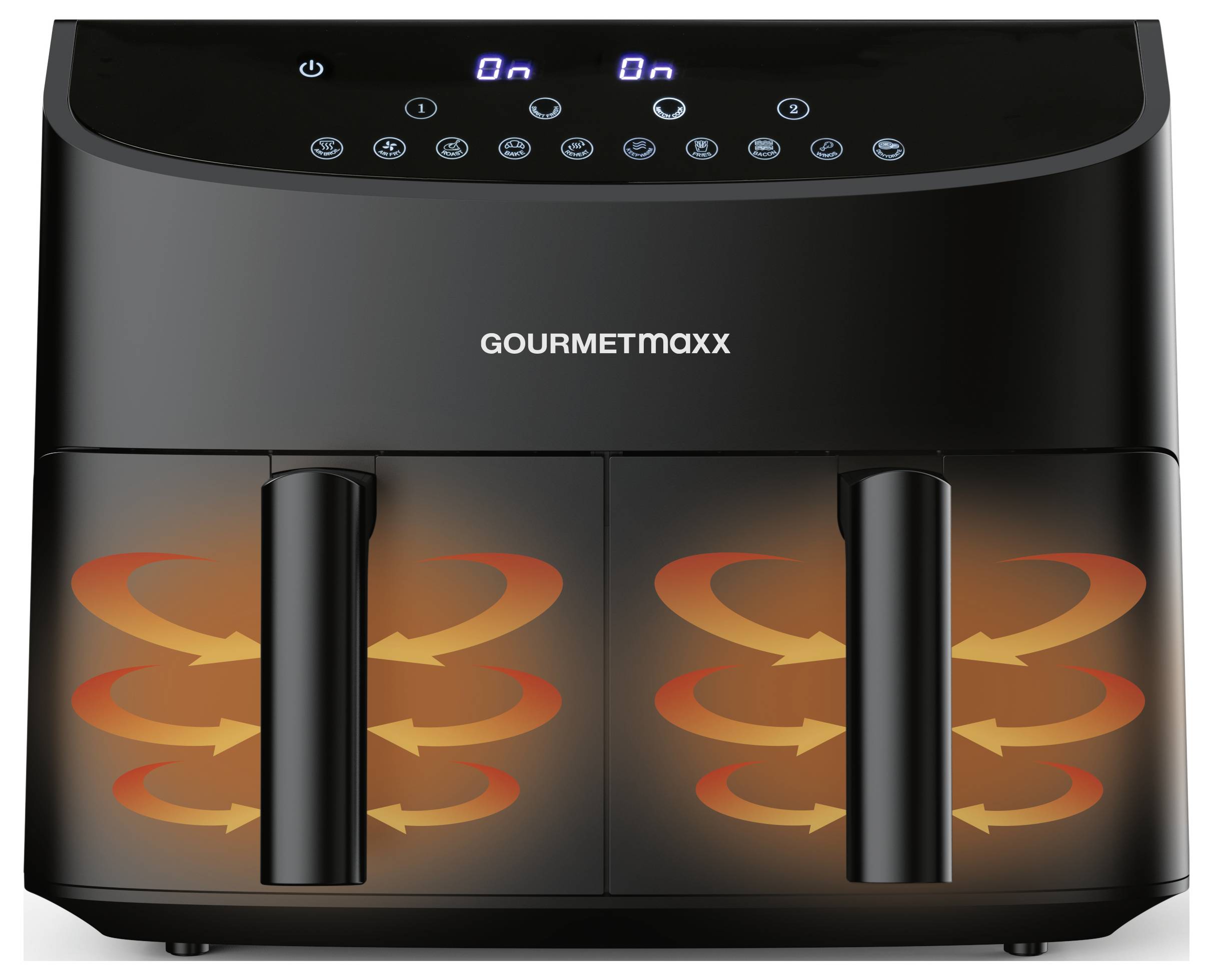 A black air fryer with digital display and touch controls. Two compartments show airflow patterns. Brand name 'GOURMETMAXX' is visible.