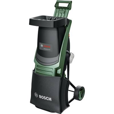 A green and black Bosch garden shredder with wheels and a fabric collection bag, designed for shredding garden waste efficiently.