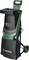 Electric garden shredder with wheels, green and black, featuring 'Bosch' logo and collection bag. Designed for mulching garden waste.