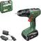 Green Bosch electric drill with charger and carrying case; labeled '18V, 2.5 Ah'.