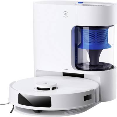 A white robot vacuum cleaner next to its charging dock, with a visible blue filter inside.