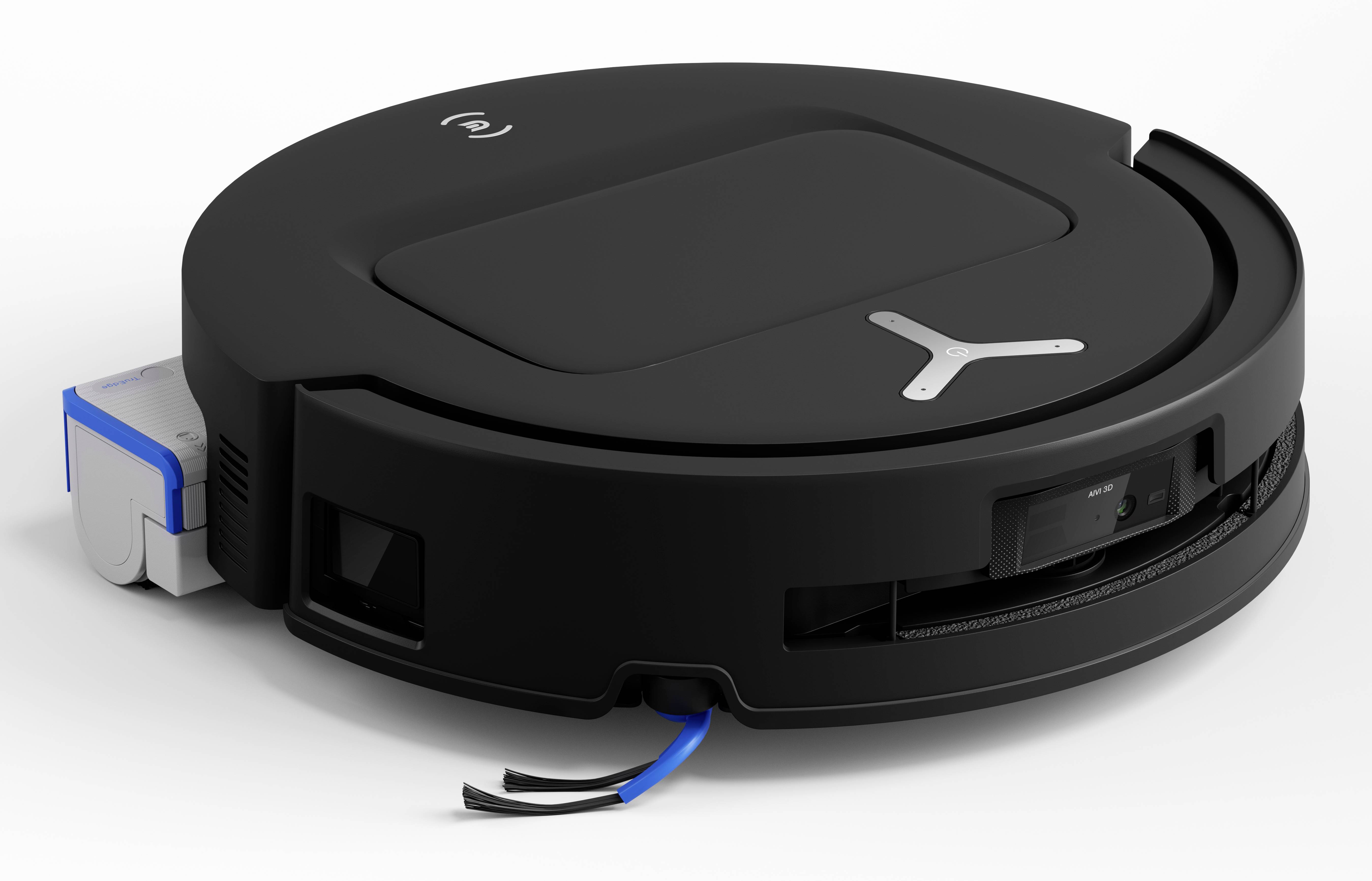 A black robotic vacuum cleaner with a circular design and a visible cleaning brush underneath, shown in a side view on a white background.