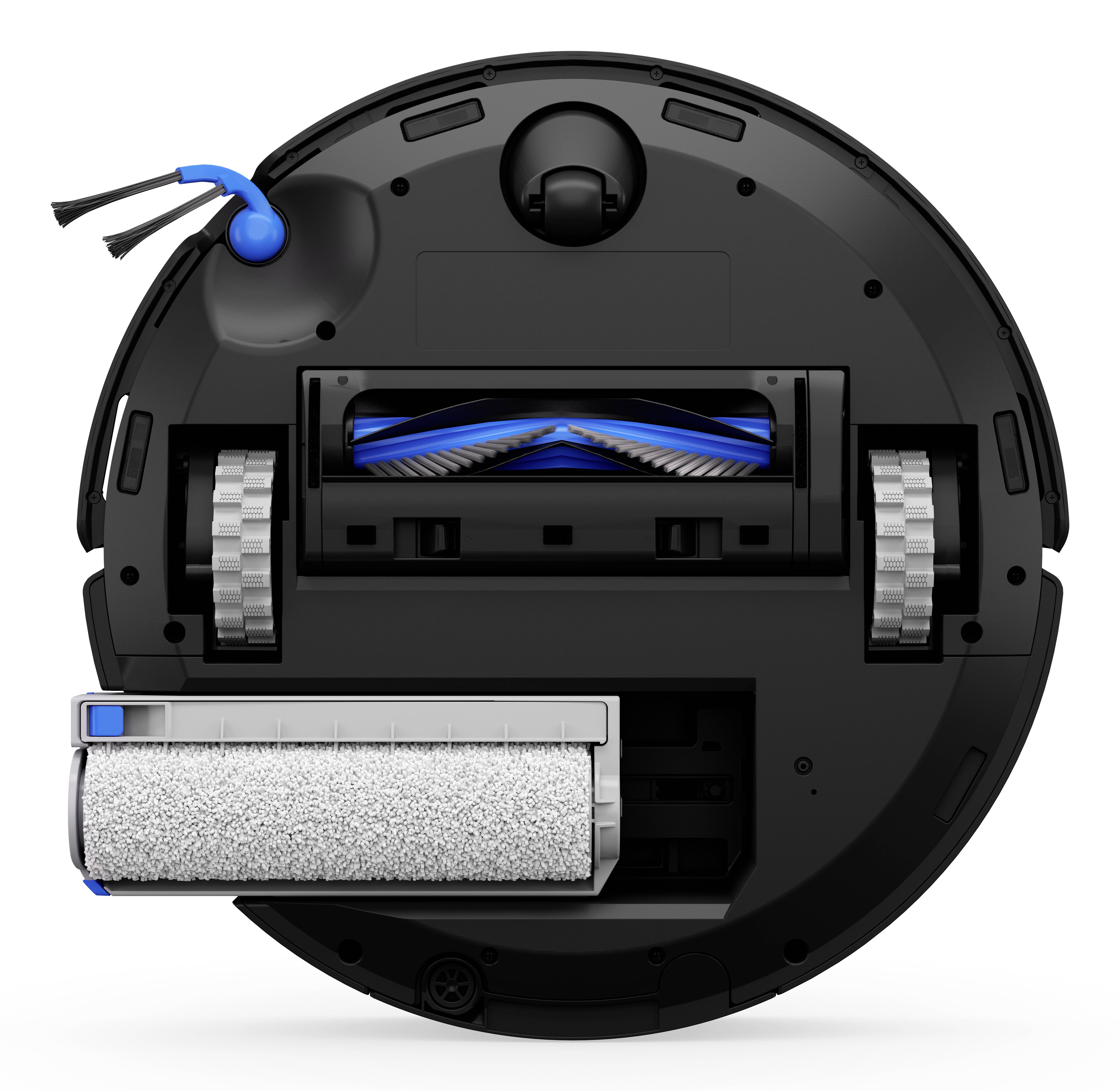 A robotic vacuum cleaner viewed from below, showing its rotating bristle brush, wheels, and cleaning pad. The design is compact and modern.