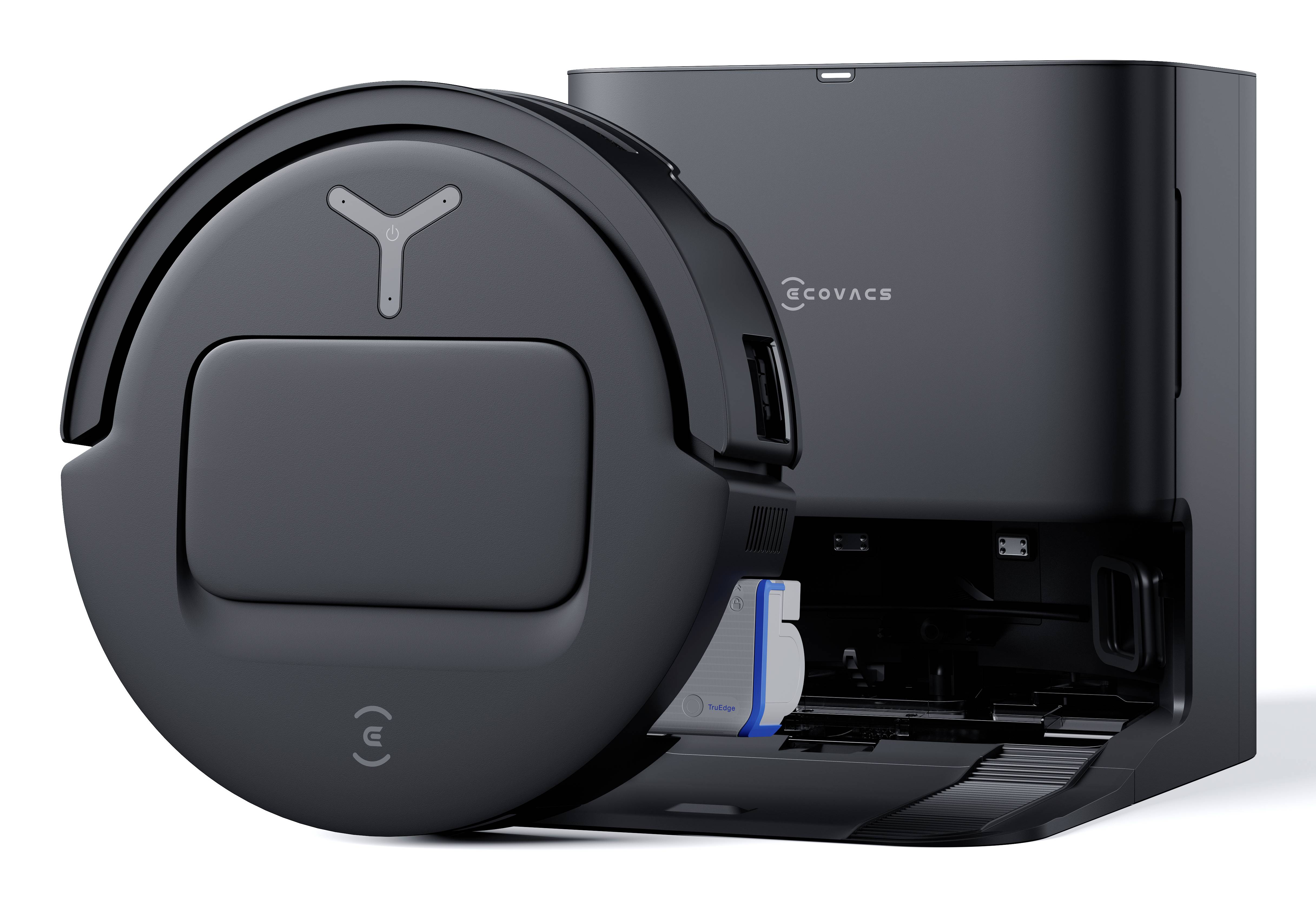 'Ecovacs robot vacuum and charging station, showcasing its sleek design and storage capability.'