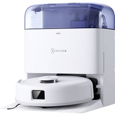 A white robotic vacuum cleaner docked in its charging station with a blue transparent lid, designed for automated home cleaning.