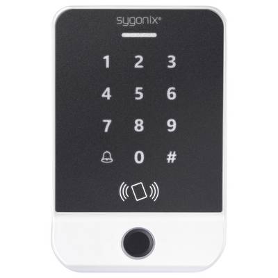 Keypad lock with numbers 0-9, bell and hash symbols, card icon indicating NFC or RFID capability, and a fingerprint scanner below.