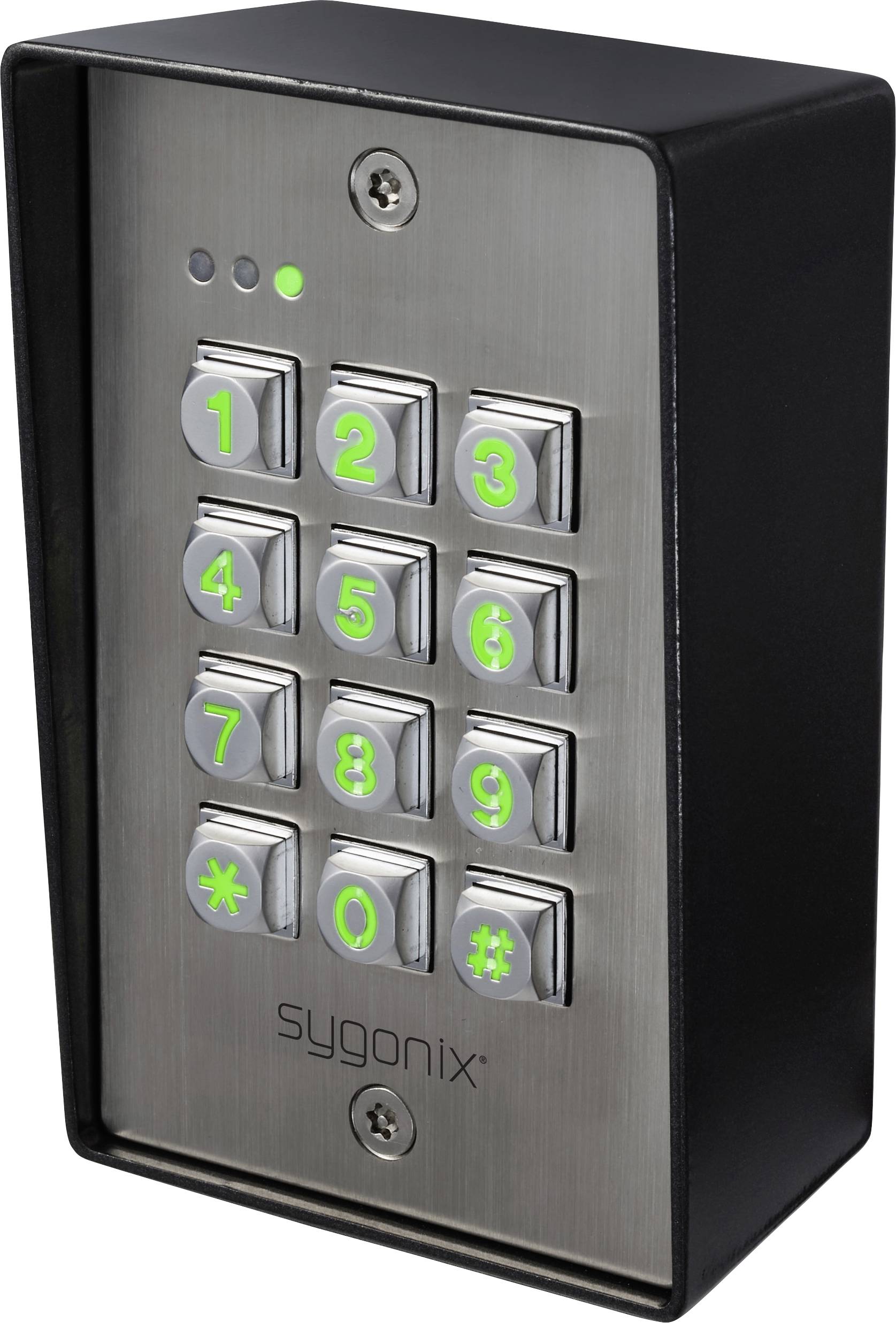 Keypad access control panel with numbered buttons 1-9, asterisk, and pound symbols, and LED indicator lights above buttons.