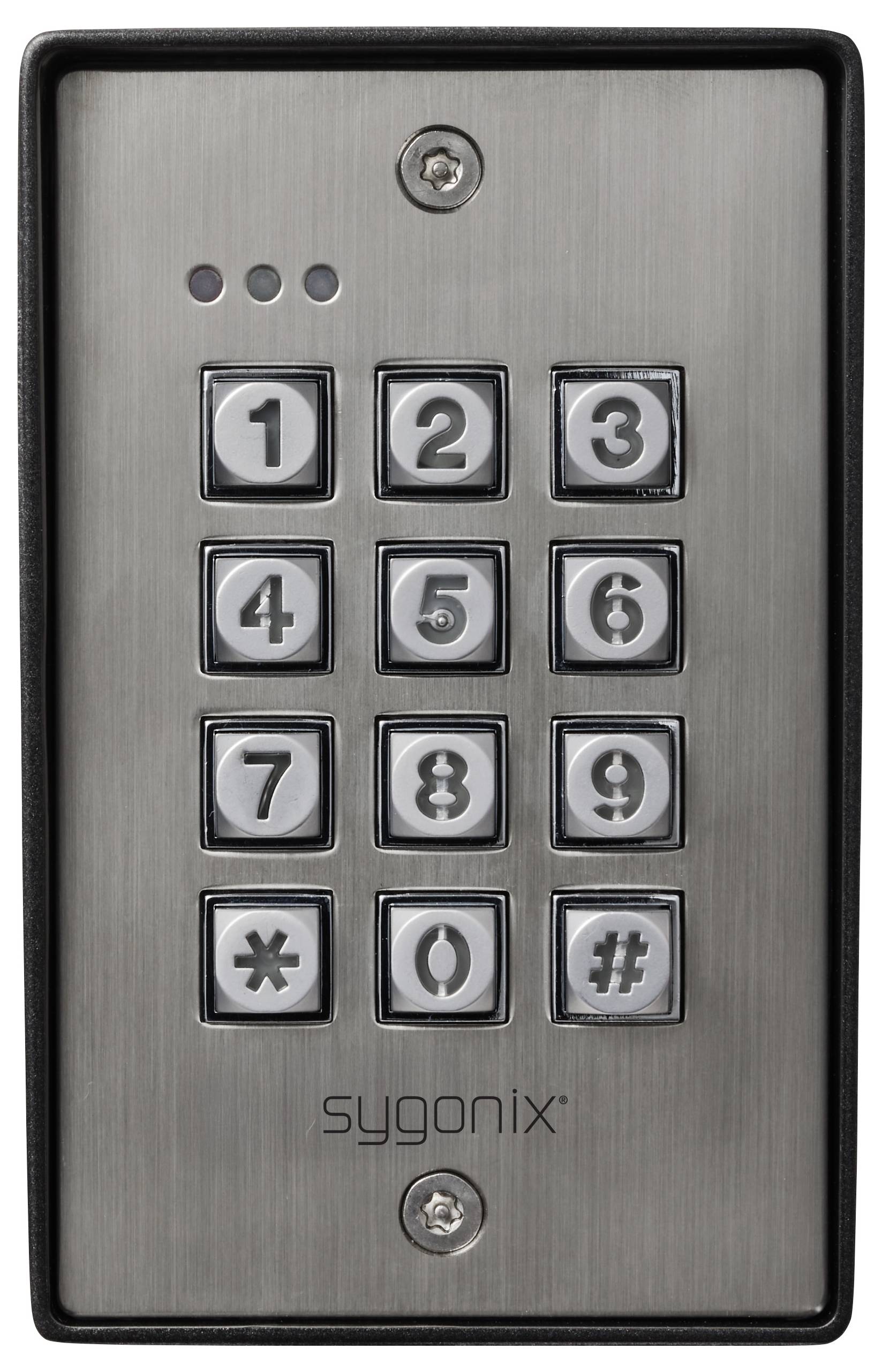'Metal keypad with 12 buttons numbered 0-9, star, and pound symbols. Brand name 'sygonix' is engraved below the keypad.'