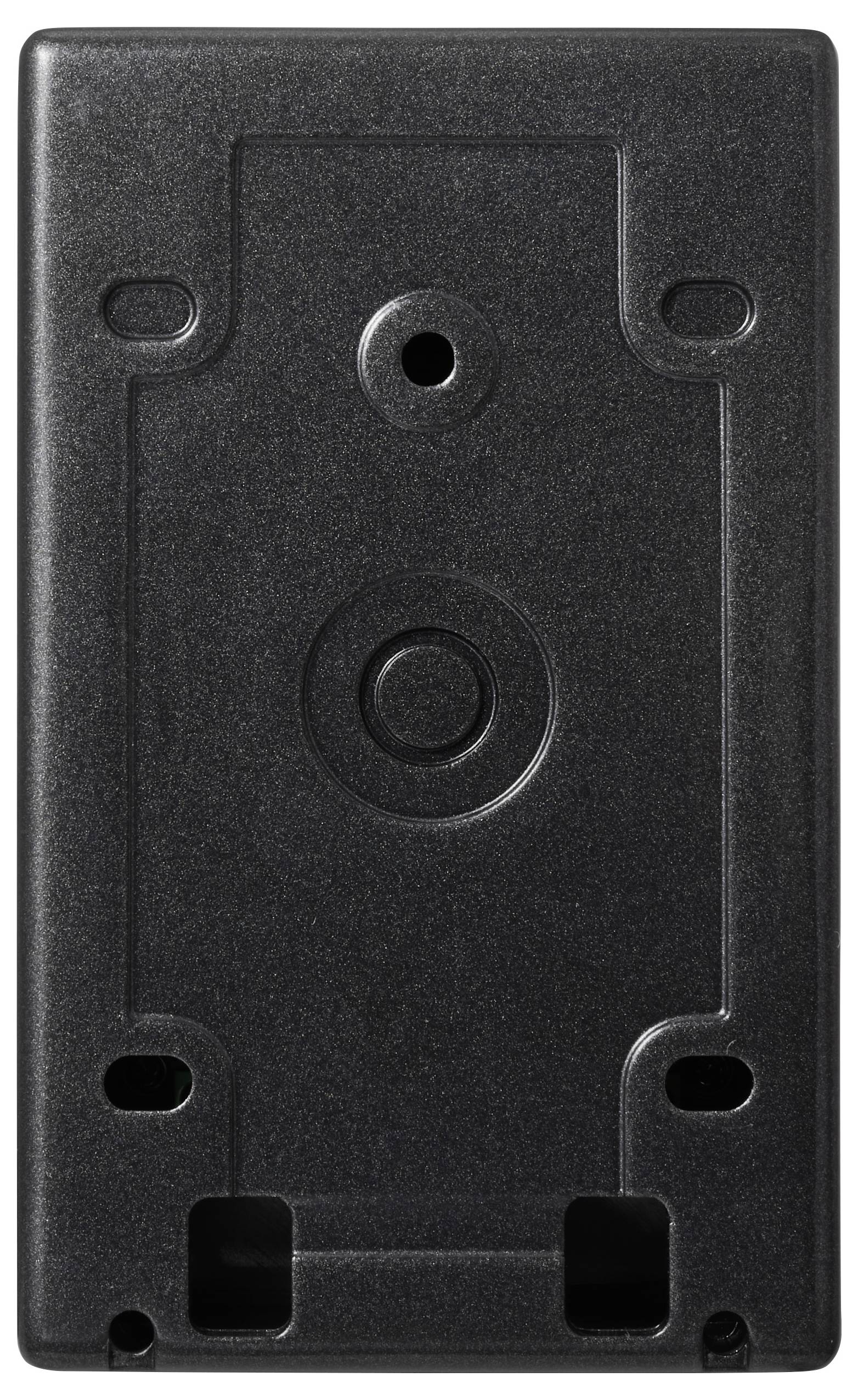 A black plastic mounting bracket with a central hole and four corner holes, likely used for attaching a device to a surface.