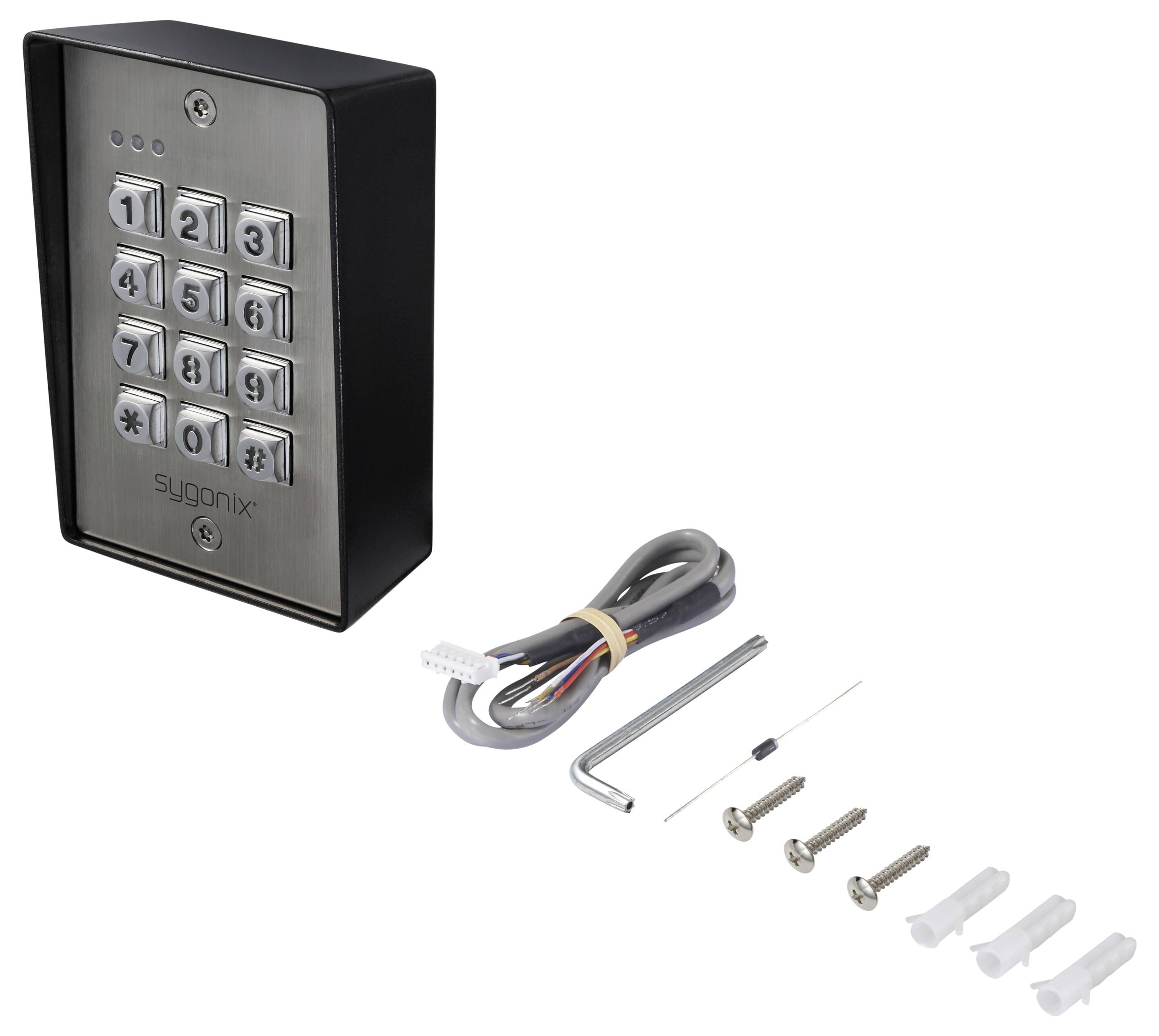 A metallic keypad with numbers 0-9 and a symbol, accompanied by installation accessories including screws, wall plugs, and a wire.