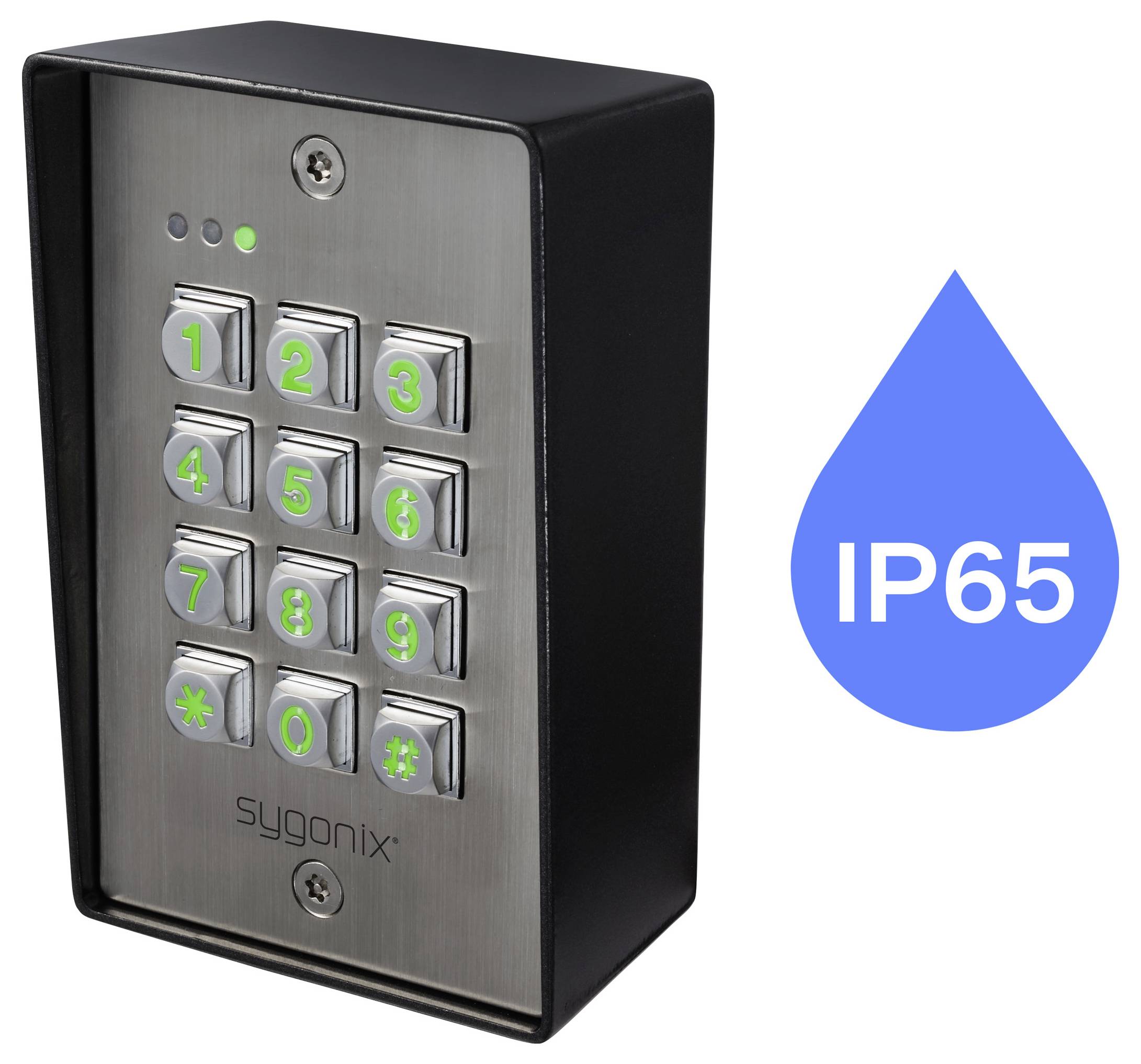'Metal keypad lock with green-lit numbers, suitable for outdoor use due to its IP65 water-resistant rating.'