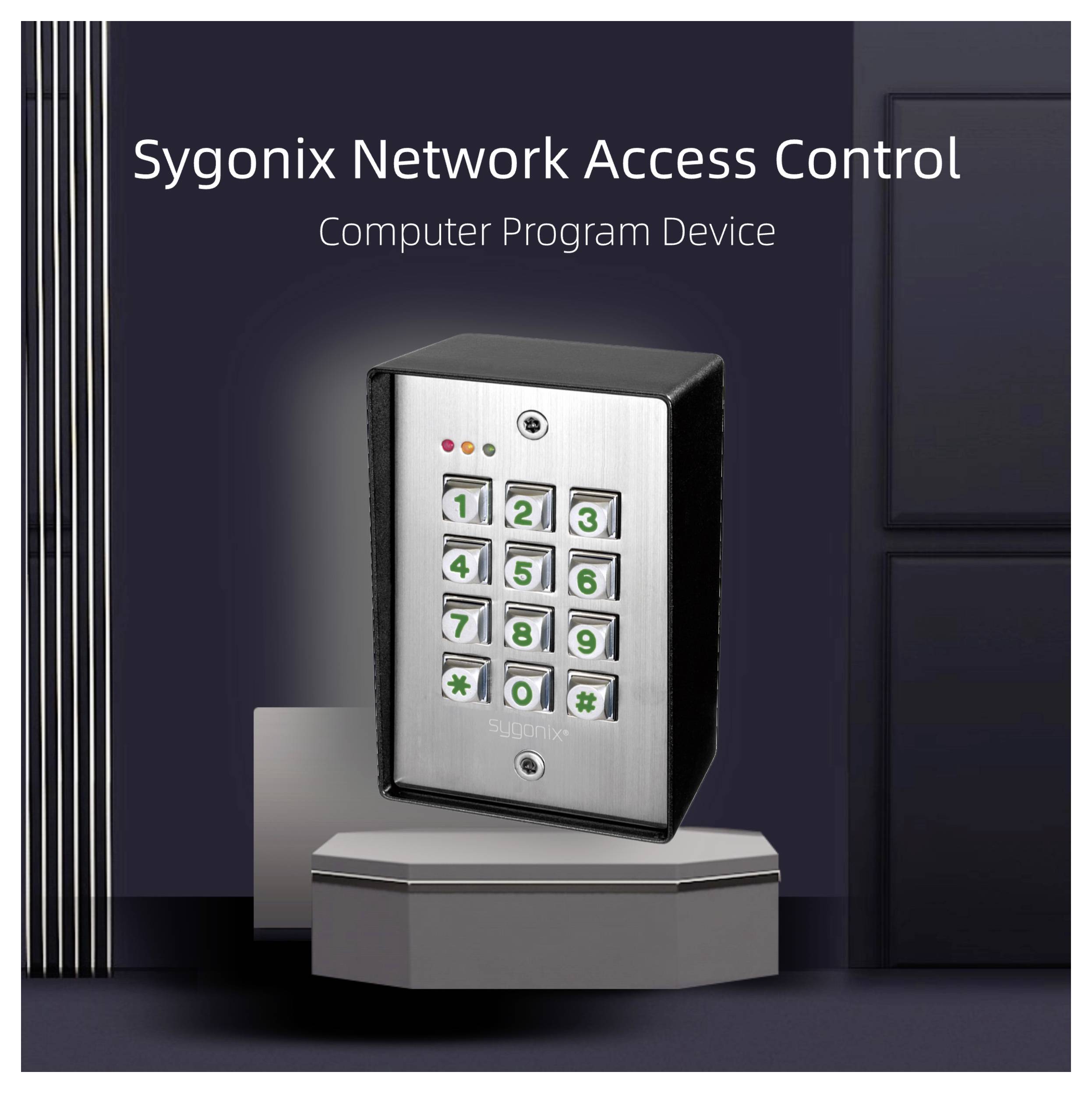 Keypad device with numeric buttons and small lights labeled 'Sygonix Network Access Control Computer Program Device' in minimalist setting.