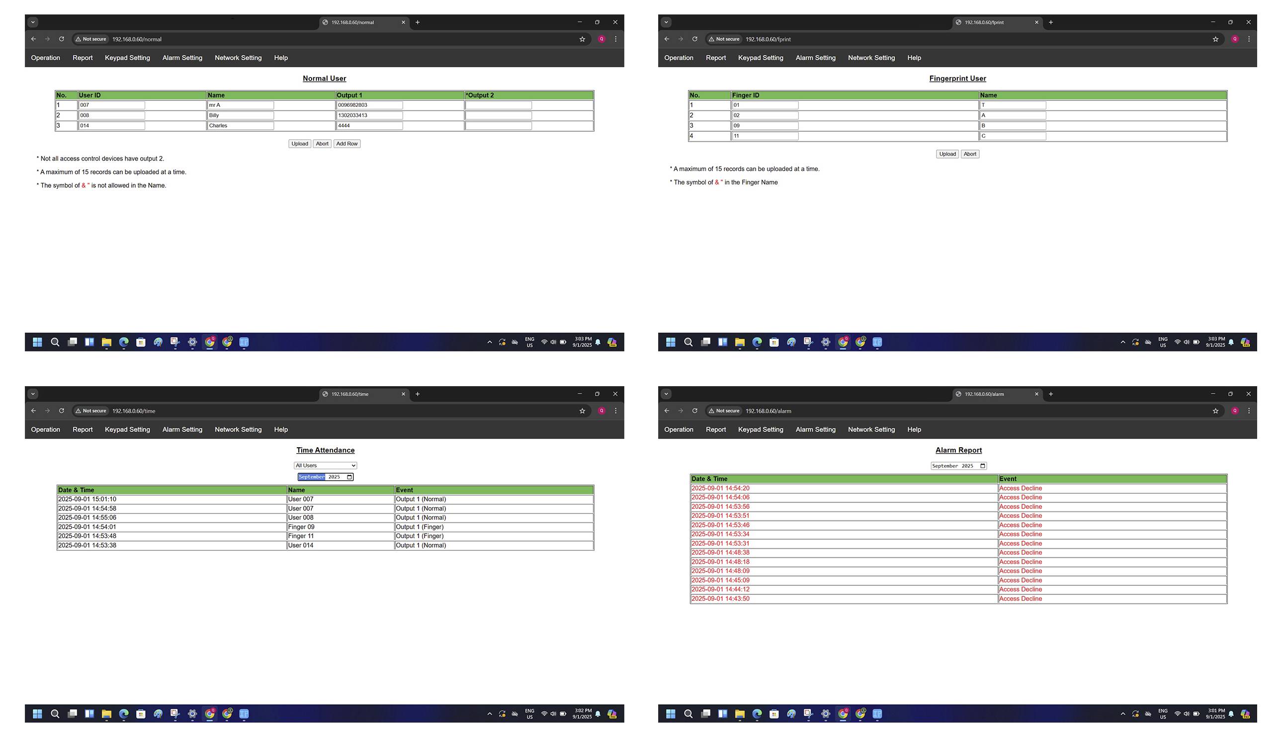 Four browser windows display spreadsheets: 'School List' with names and grades, 'Framework List' with unfilled data, 'Time Attendance' recording dates and times, and 'Alarm Record' showing red alerts with timestamps.