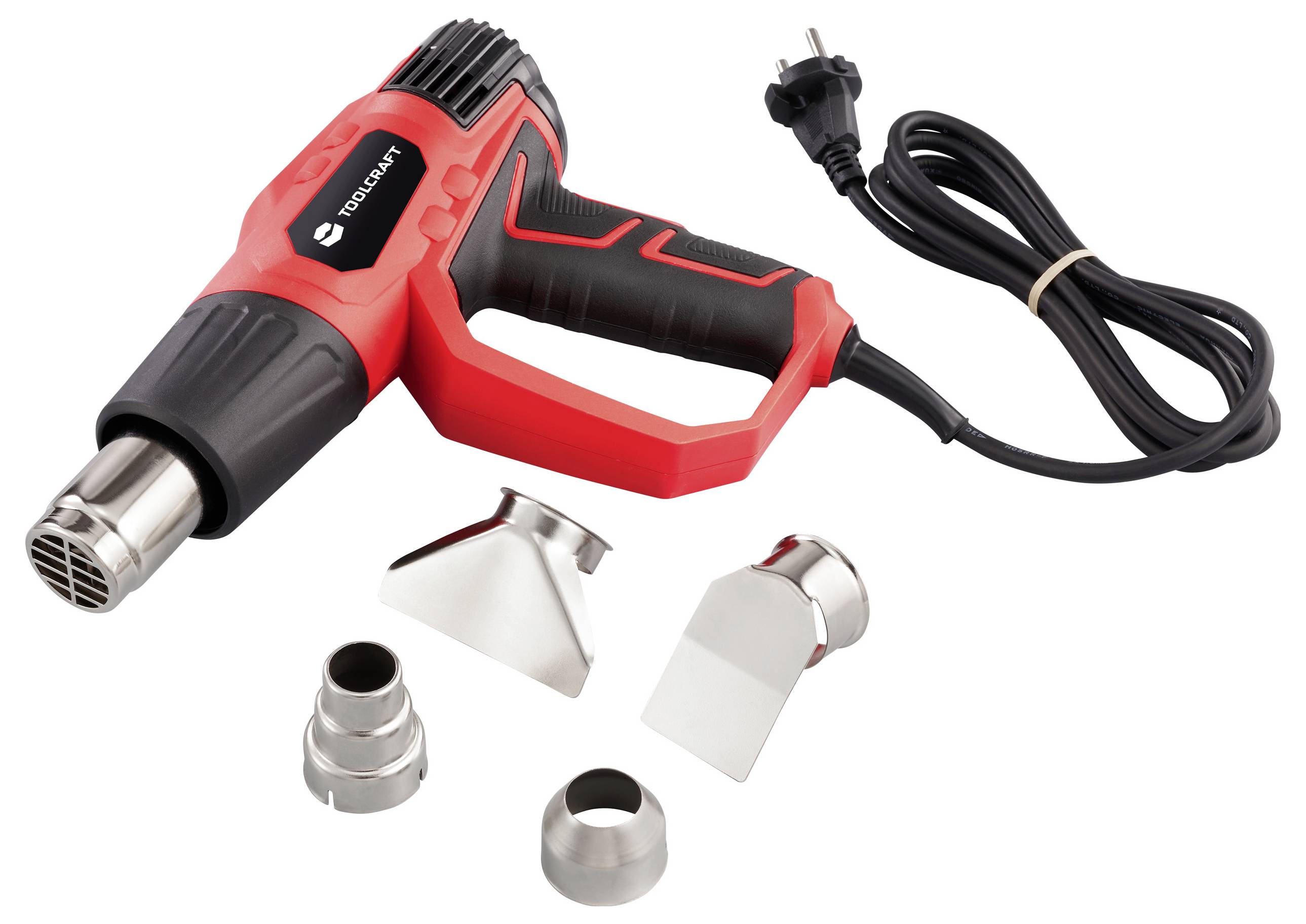 'Red and black heat gun with four interchangeable nozzles and a power cord.'