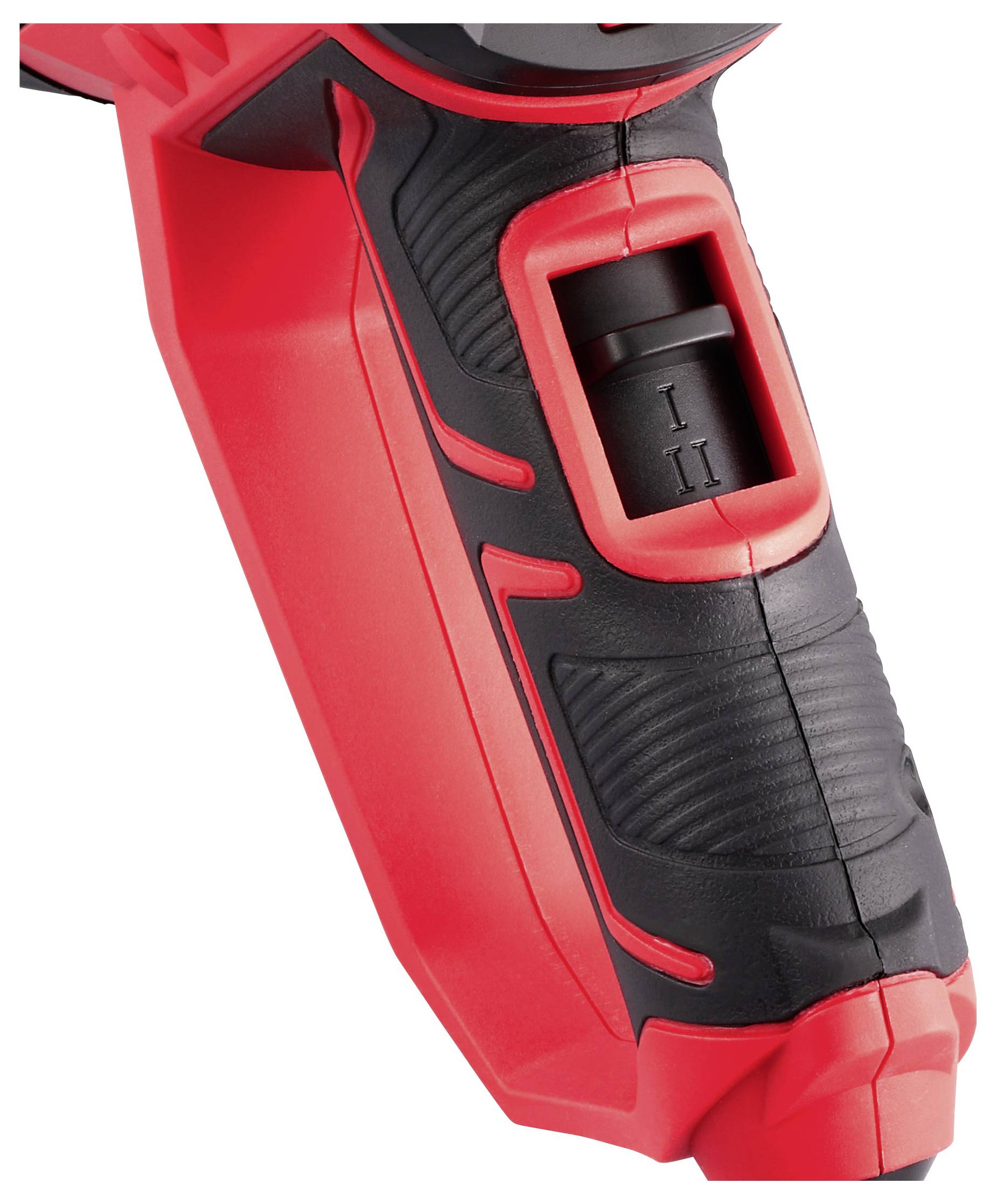 The image shows a close-up of a red and black power tool handle with a sliding switch labeled 'I' and 'II' for speed settings.
