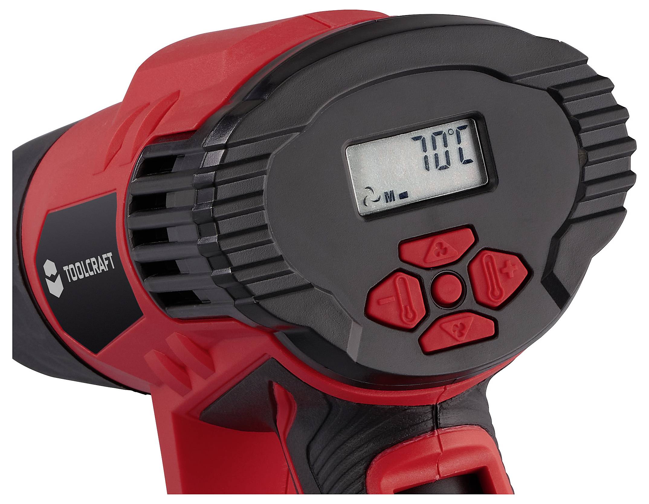 A red and black digital temperature control device displays '70°C' on its screen. Four red buttons are beneath the display.