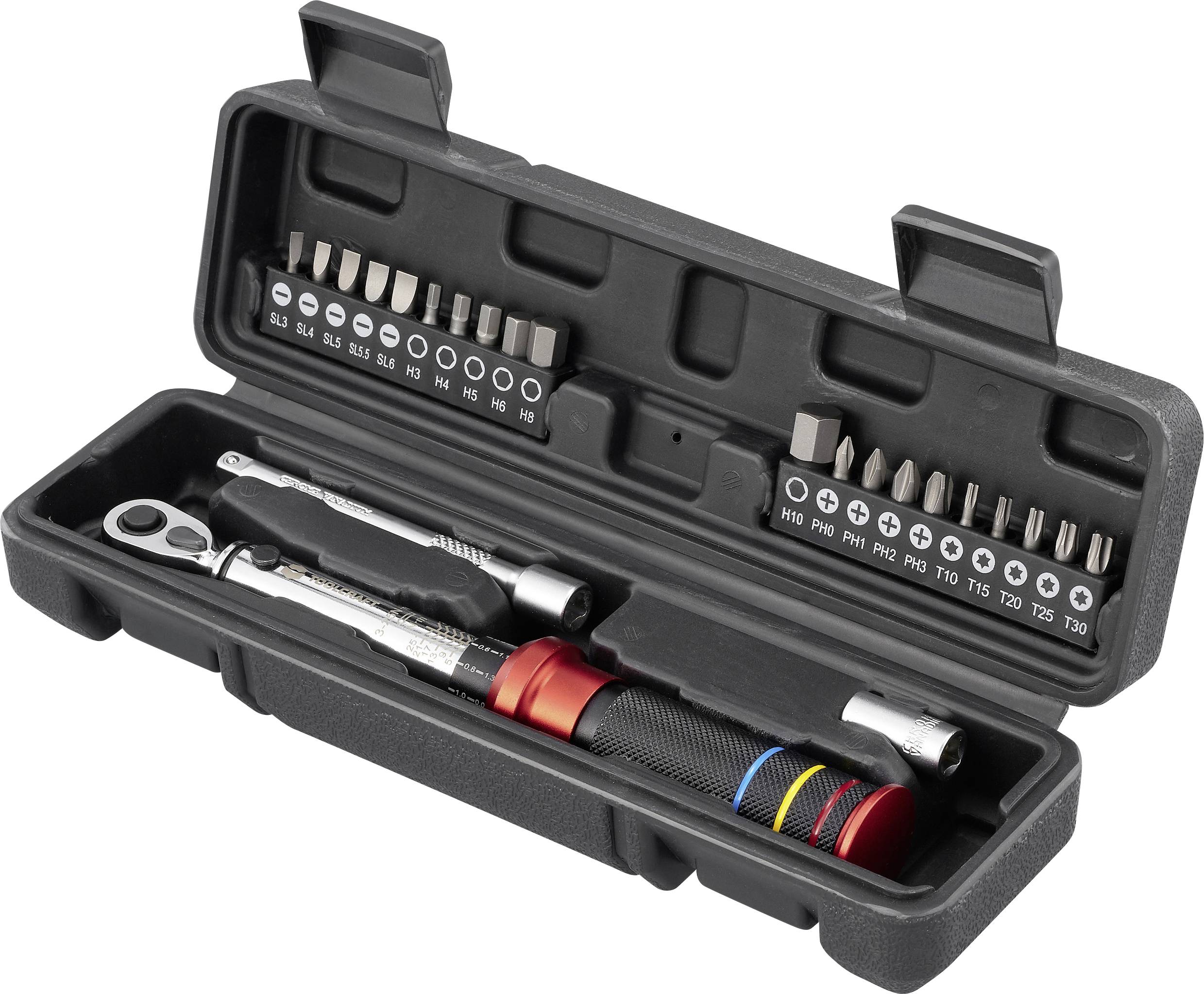 A toolkit with a ratchet, various screwdriver bits, and a socket in a black plastic case.